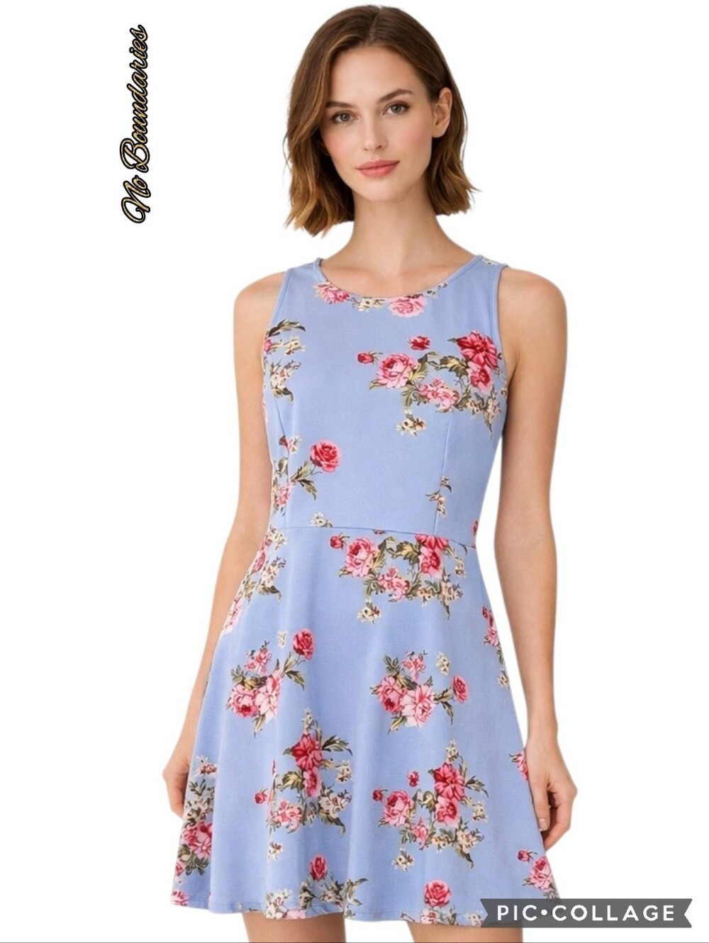 No Boundaries dress med blue floral halter neckline fit n flair swing flowing 3x